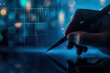 Hand analyzing digital financial data on blue abstract screen. Technology and stock trading theme.  
