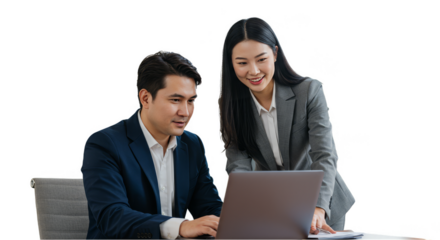 Business Colleagues Collaborating at a Laptop in a Professional Office Setting
