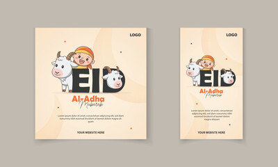 Eid Al Adha mubarak greeting card, social media post template with cute sheep, moon, stars Vector