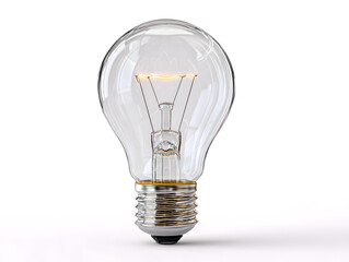 A classic incandescent light bulb with a brightly glowing filament, standing upright on a clean white background, symbolizing innovative concepts and creative solutions