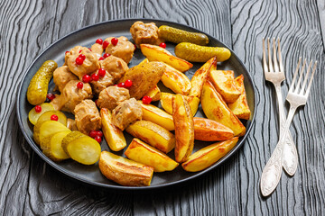 meatballs, potatoes, pickles, berries on a plate