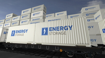 Energy storage containers on cargo train wagons illustration
