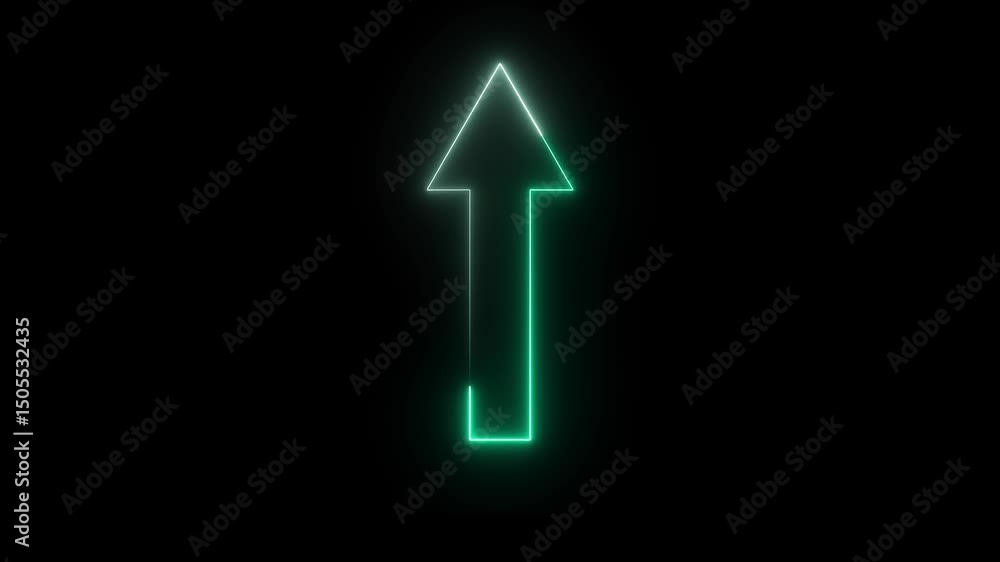 Poster a neon up direction icon animation featuring a glowing arrow pointing upwards, pulsating with vibran