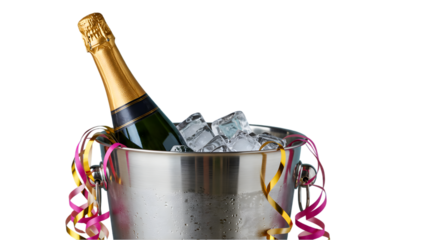 Champagne Bottle in Silver Bucket with Ice and Ribbons on Transparent Background Photo