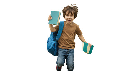 Cheerful Boy with Backpack and Books Running Isolated on Transparent Background