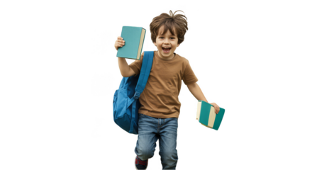 Cheerful Boy with Backpack and Books Running Isolated on Transparent Background