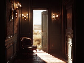 Dark, ornate hallway with open door revealing a sunlit desert landscape;  a lone chair sits in the sunlit doorway