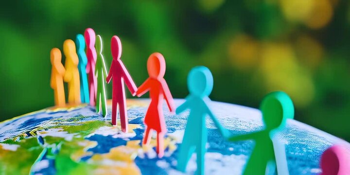 People of different colors holding hands around a globe symbolizing unity and friendship in a vibrant outdoor setting