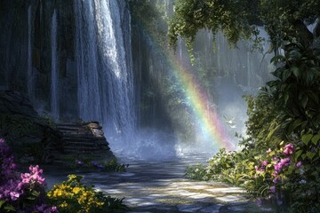 Naklejka premium Waterfall with rainbow in a lush green forest landscape scene