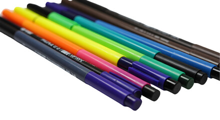 Close Up of Various Colored Pens Isolated on Transparent Background