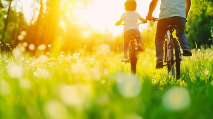 Golden Sunset Ride Joyful Parent and Child Cycling. Symbolizing Family Bonding, Healthy Outdoor Adventure, and Treasured Summer Memories. Ideal for Lifestyle, Active Living, Parenting.
