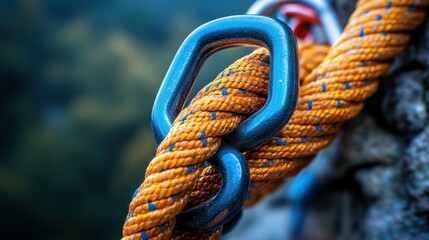 Climbing rope and carabiners closeup