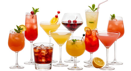 Collection of Colorful Cocktails in Elegant Glasses on Transparent Background