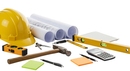 Construction Still Life with Hard Hat Blueprint Tools Transparent