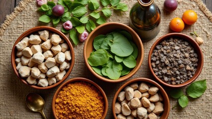 Fototapeta premium Flat lay of Ayurvedic herbs including ashwagandha root, tulsi leaves, and dried neem in ceramic bowls on handwoven mat