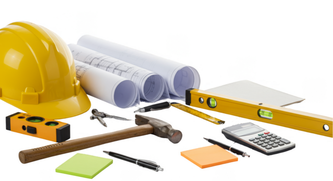 Construction Still Life with Hard Hat Blueprint Tools Transparent