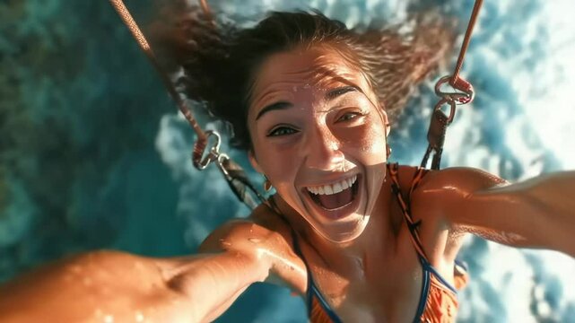 A happy girl on adrenaline, screaming with pleasure, jumped from a bird's eye height. Skydiving. Bungee jumping. Vivid emotions