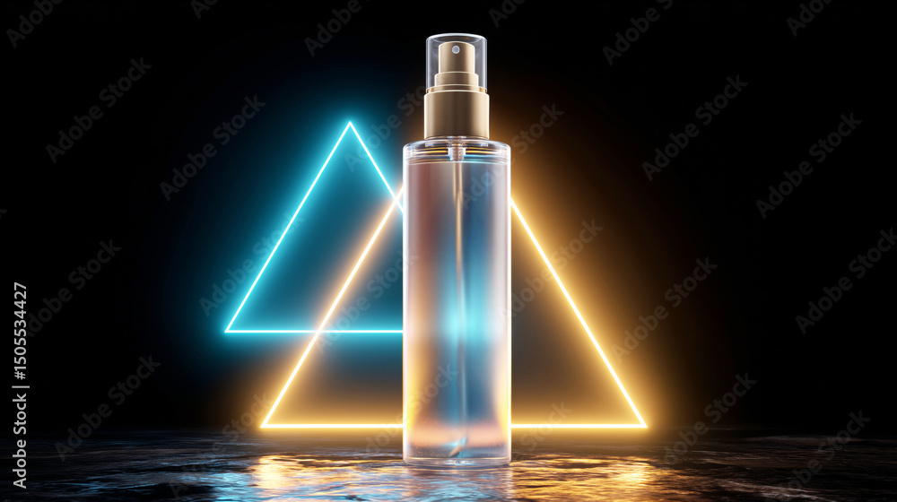 Poster a clear bottle holding cosmetic product stands on a podium. geometric shapes with vibrant lights cre