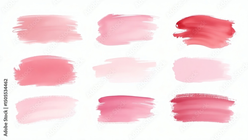 Poster a collection of watercolor strokes in varying shades of pink and red. Each stroke has a unique texture and gradient