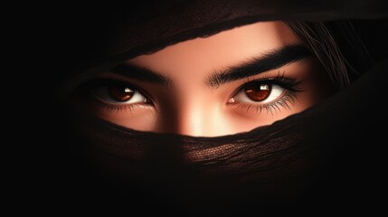 Naklejka premium A close-up of expressive brown eyes framed by dark fabric, revealing only the upper face and creating a mysterious, captivating look.