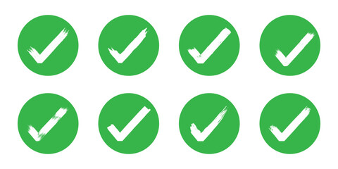 Set green approval check mark icons in circle. Brush stroke approved symbols in green color, checkmark sign vector illustration.  transparent Green check mark, green circle white tick symbols.
