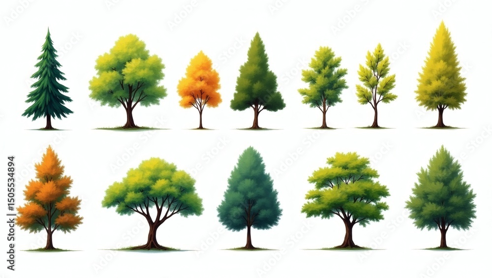 Poster various types of tree with different shapes and colors, arranged in rows. This illustration showcases a variety of trees