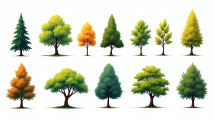 various types of tree with different shapes and colors, arranged in rows. This illustration showcases a variety of trees