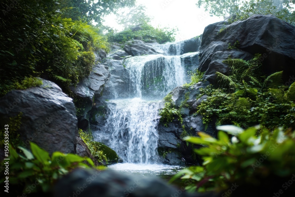 Poster cascading waterfall through lush green forest, representing tranquility and environmental conservati