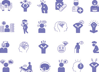 Colored Mental Health Icon Set. Vector Illustrations Stress, Depression, Bipolar, Paranoia, Dementia, Psychosis, Panic Attacks, Schizophrenia, Trauma, Doctor, Medicines, and Others