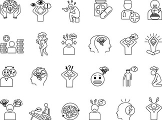 Mental Health Icon Set. Vector Illustrations Stress, Depression, Bipolar, Paranoia, Dementia, Psychosis, Panic Attacks, Schizophrenia, Trauma, Doctor, Medicines, and Others