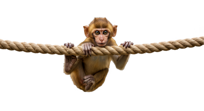Cute Young Monkey Hanging On A Rope Isolated On A Transparent Background Photo