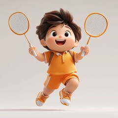 A young Asian man in sportswear jumping and playing badminton on the badminton court