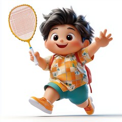 A young Asian man in sportswear jumping and playing badminton on the badminton court