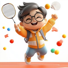 A young Asian man in sportswear jumping and playing badminton on the badminton court