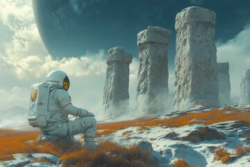 A lone astronaut discovering an ancient, magical Stonehenge on a mysterious, uncharted planet 