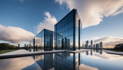 Fototapeta premium Modern Glass Building Reflection in City Skyline