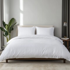 A North American style bedroom with a bed front, a white duvet cover, two white pillows
