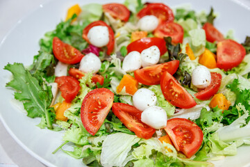 Close-up fresh salad featuring vibrant greens, ripe tomatoes, and creamy mozzarella balls, beautifully arranged in a white bowl