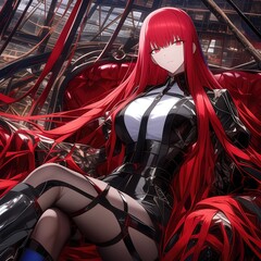 anime girl with long red hair rocking on a stage in anime style 