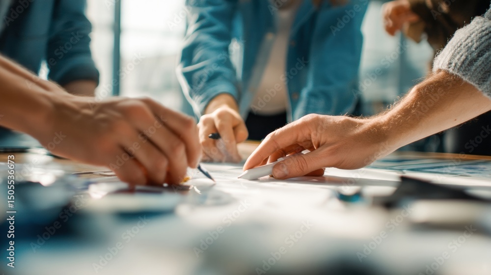 Aufkleber Team Brainstorming Ideas With Pencils and Eraser on Table, Illustrating Collaboration and Creative Problem Solving in Business Strategy Meetings : Generative AI