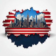 cartoon american flag with shadow of the of new york city in it with a white background 
