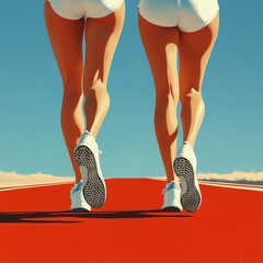 illustration of 2 womens legs in running shoes on a red running track