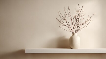 Minimalist beige wall, white shelf, off-white vase holding delicate, reddish-brown branches with tiny buds. Soft light