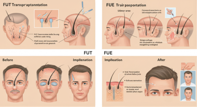 Detailed Medical Illustration of Hair Transplant Procedures on Male Faces