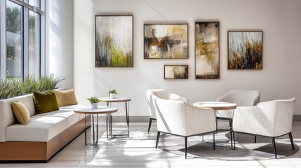 Modern Lobby Lounge Area With Abstract Art, Representing Workplace Comfort and Corporate Hospitality : Generative AI