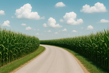 Winding road through lush green cornfields under a bright blue sky with fluffy clouds, creating a serene and picturesque rural landscape for travel and nature enthusiasts