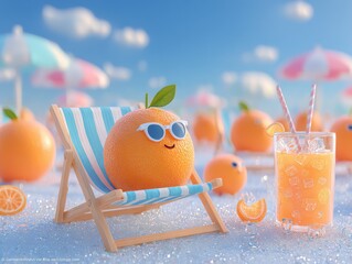 Fototapeta na wymiar A cartoon orange wearing sunglasses is sitting in a beach chair