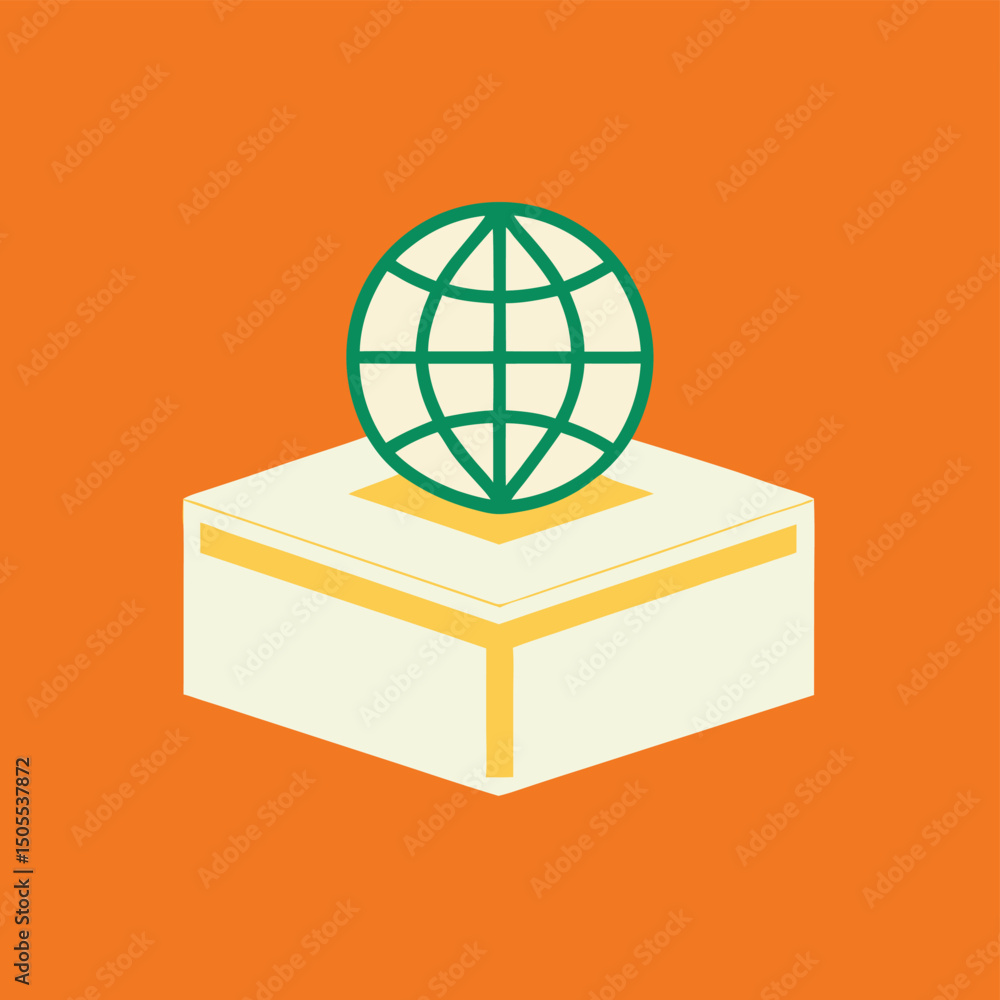 Poster abstract illustration of a globe symbol on a geometric white block structure