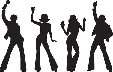 Silhouettes of four people dancing disco style