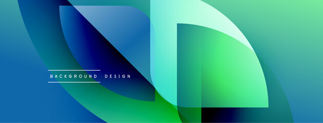 Abstract geometric shapes blend blue, green hues. Modern design features overlapping layers, gradient effects. Minimal text present.